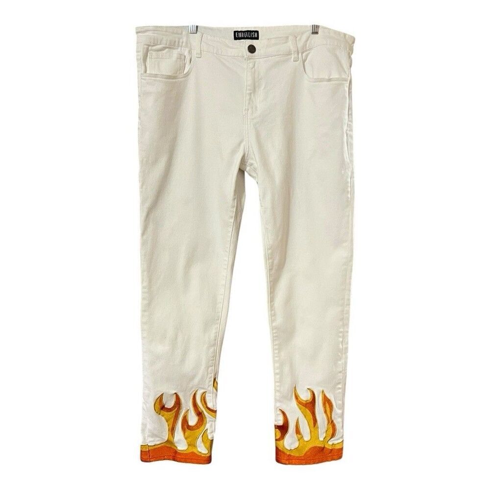 Embellish Mens Size 40 White Fire Flame Print Skinny Jeans